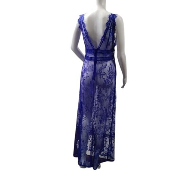 Sheer Lace Gown Wrap Electric Blue Deep V Festival Lingerie Goth S/M - Picture 3 of 13